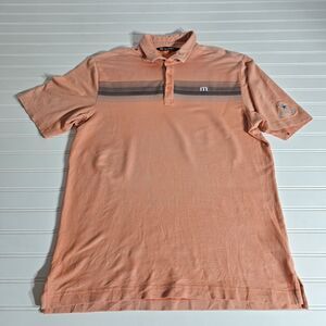 Travis Mathew Shirt Mens Size Med Orange Striped Polo Short Sleeve Button Cotton